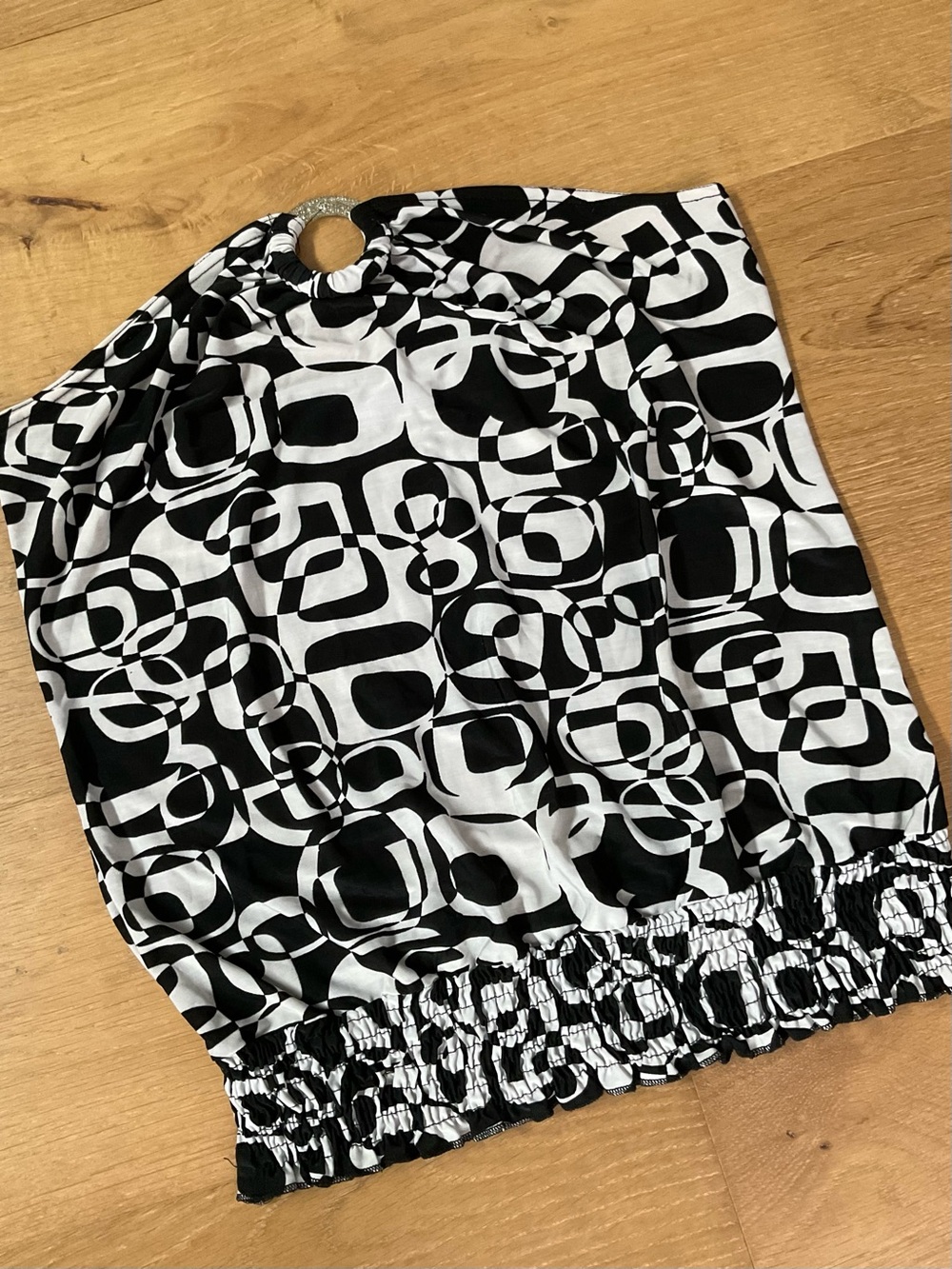 VTG EVE Y2K Op-Art Geometric Tube Top Black White Smocked Hem Ring Loop Wm Large - Picture 2 of 7